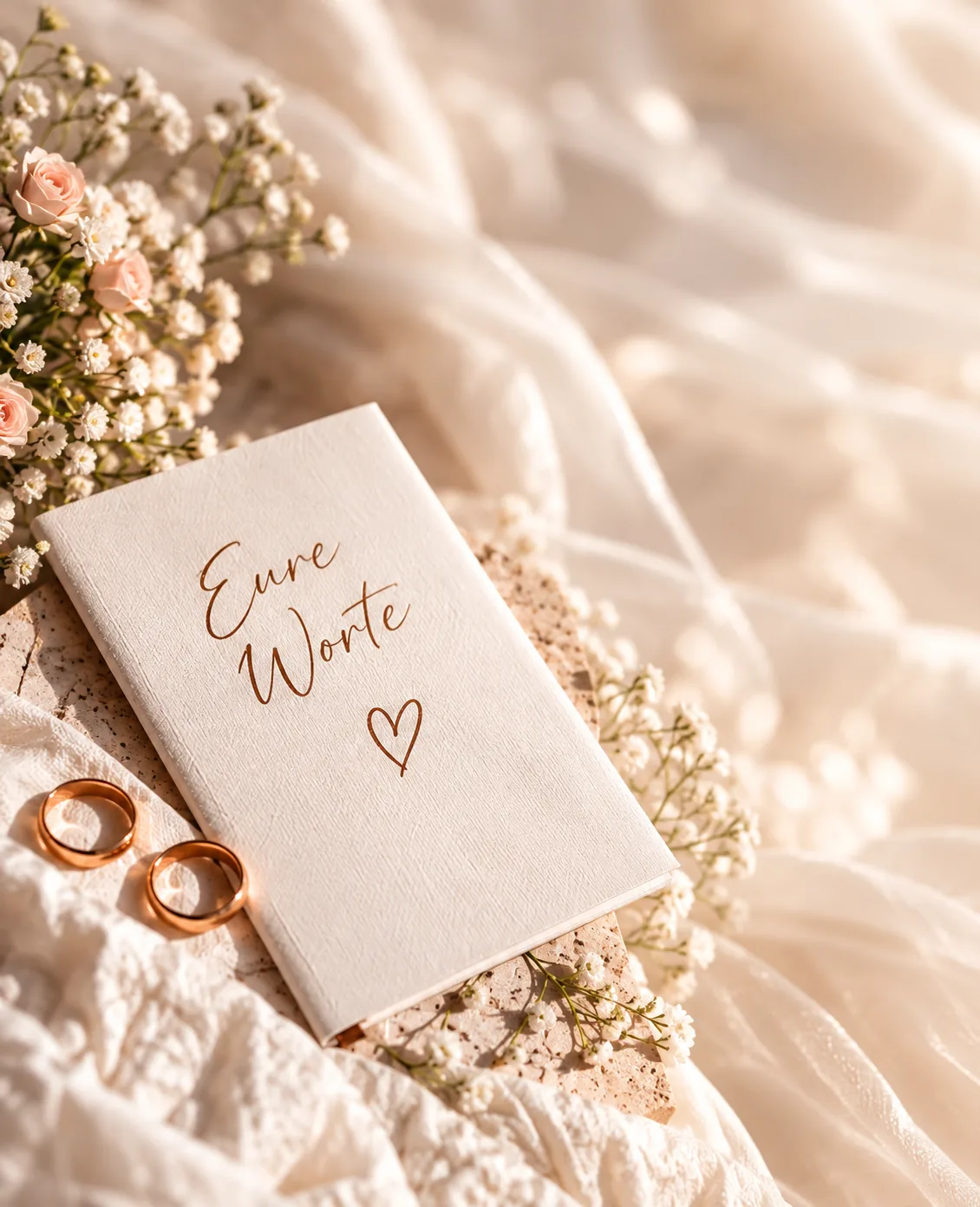 Heft mit der Aufschrift „Eure Worte“ neben zwei Eheringen und Schleierkraut