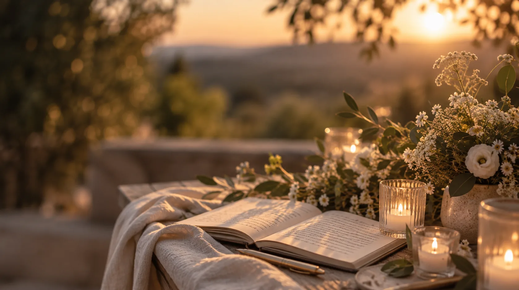 Aufgeschlagenes Manuskript mit Kerzen und Wiesenblumen im Abendlicht