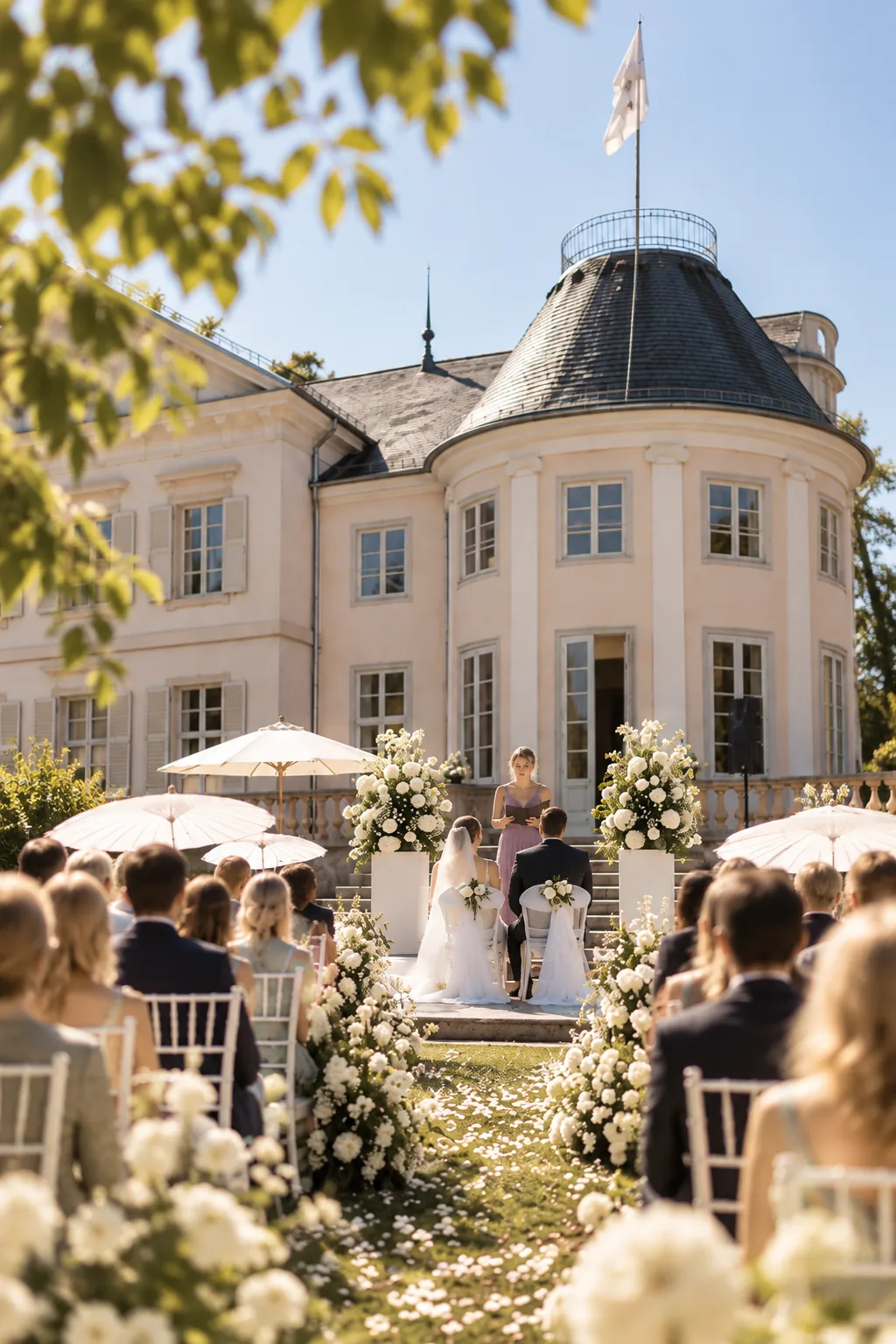Freie Trauung im Schlossgarten mit Gästen, Blumen und Sonnenschirmen